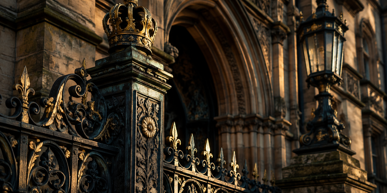 Gilded wrought ironwork and carved stonework on a listed civic building